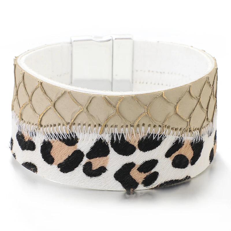 Amorcome Boho Splicing Fish Scale Leopard Printed Leather Bracelets for Women Vintage Wide Wrap Bracelet Party Jewel